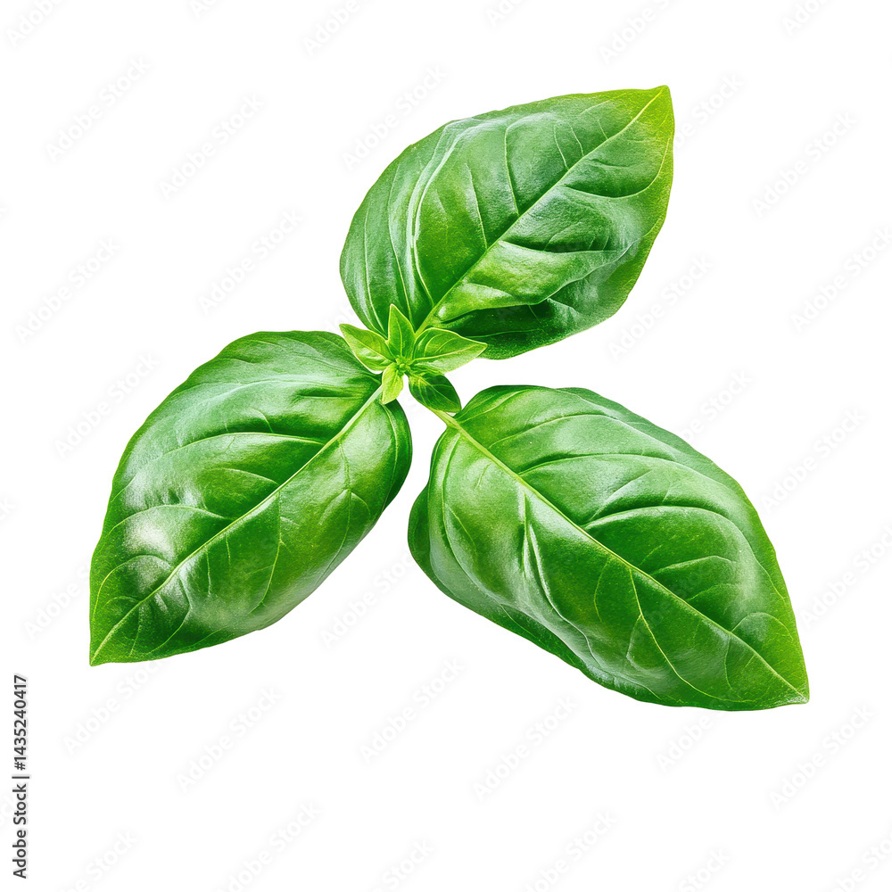 Fototapeta premium Fresh basil leaves on a white background, highlighting their vibrant green color and natural sheen, Fresh Basil Leavesisolated on white background