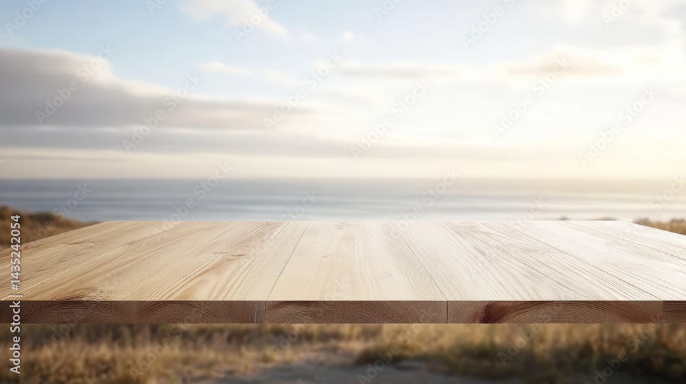 Empty wooden table overlooking ocean Empty wooden table overlooking ocean