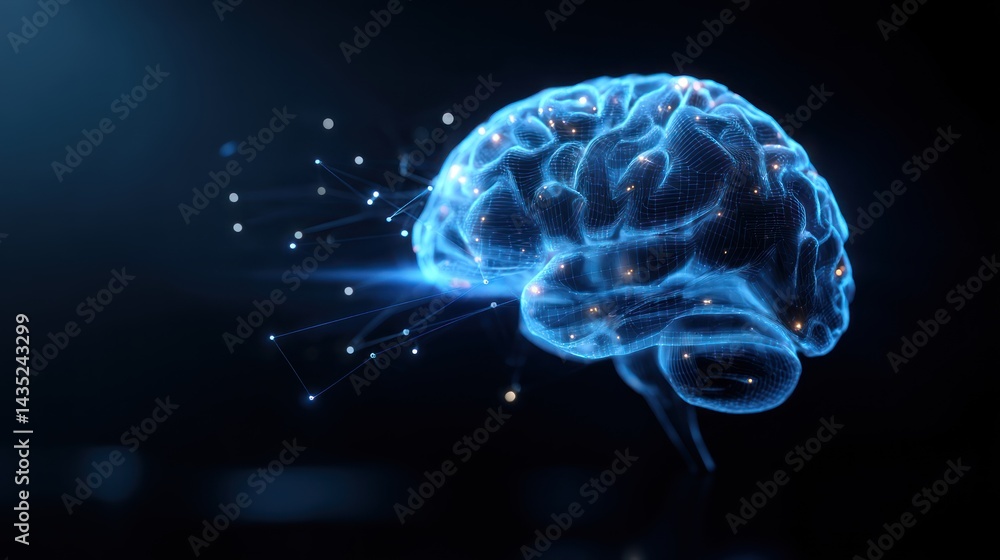 A glowing, blue representation of a human brain symbolizing intelligence and technology in a digital age. A glowing, blue representation of a human brain symbolizing intelligence and technology in a digital age.