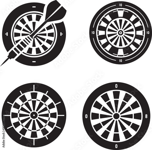 Title: "Vector Illustration of Dartboards and Darts - Black and White Silhouette Clipart