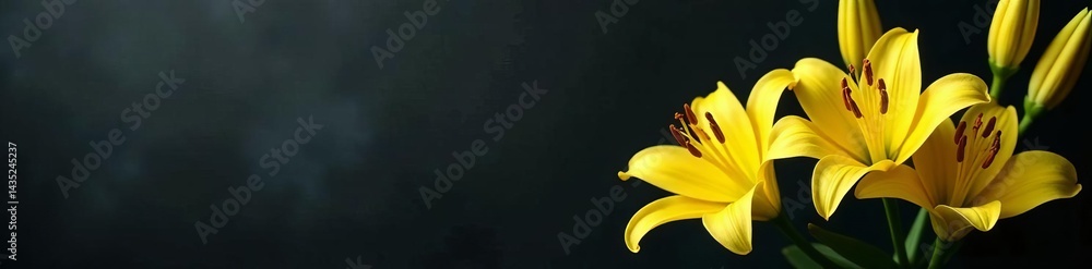 Obraz premium Elegant yellow lilies on a somber condolence card set against a dark backdrop, bereavement, sorrowful