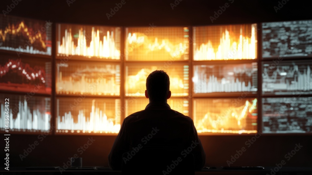 A person observing multiple digital screens displaying market data and analytics. A person observing multiple digital screens displaying market data and analytics.