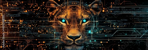 Cybernetic Lioness A high-tech digital illustration with futuristic circuit board background