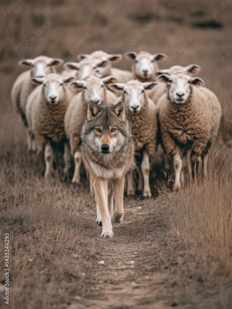 Obraz premium Dramatic wolf leading sheep on a path through a field, capturing the essence of leadership and animal behavior, with a shallow depth of field and natural light