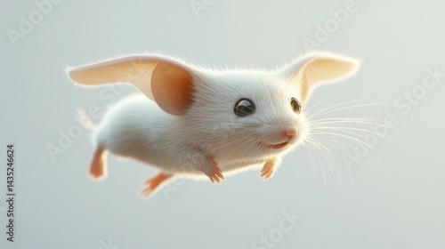 A cute white mouse flying in the air, isolated on a white background