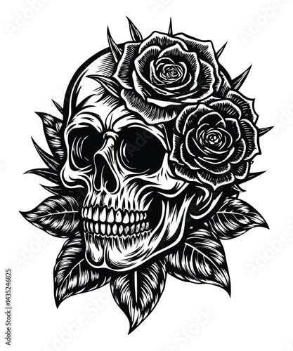 Striking Skull and Rose Vector Art Design.