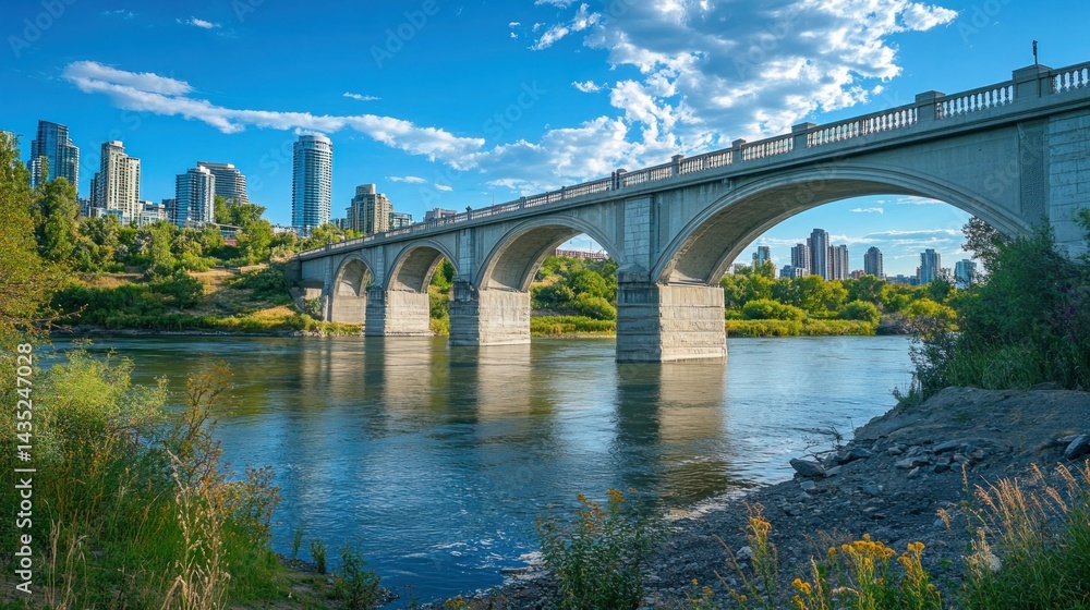 Fototapeta premium Arched bridge over calm river with city skyline backdrop