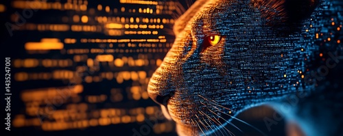 Glowing feline profile shows a tech theme with orange accents in the dark background for use in IT