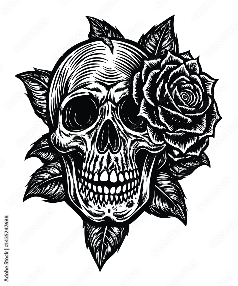Fototapeta premium Intricate Skull and Rose Tattoo Vector Artwork.