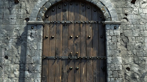Ancient wooden door with metal reinforcements in a stone archway