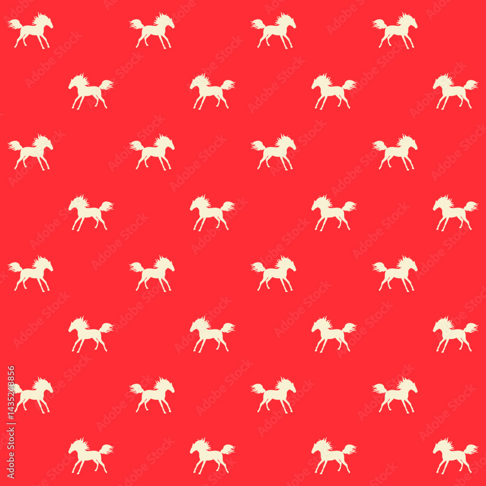Seamless pattern with galloping horses. White silhouettes of animals on a red background. Minimalist print for fabric. Seamless pattern with galloping horses. White silhouettes of animals on a red background. Minimalist print for fabric.