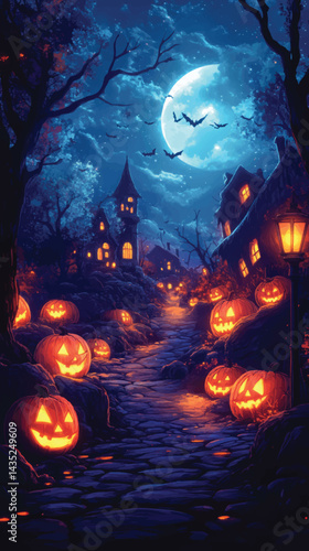 Halloween Atmosphere with Lit Pumpkins.