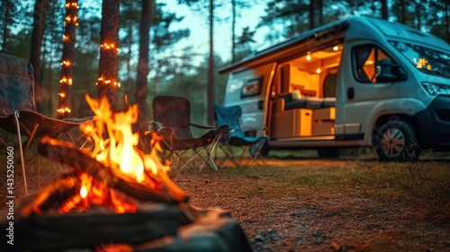 Cozy camping scene with fire and camper van surrounded by trees creating an inviting atmosphere for outdoor adventures
