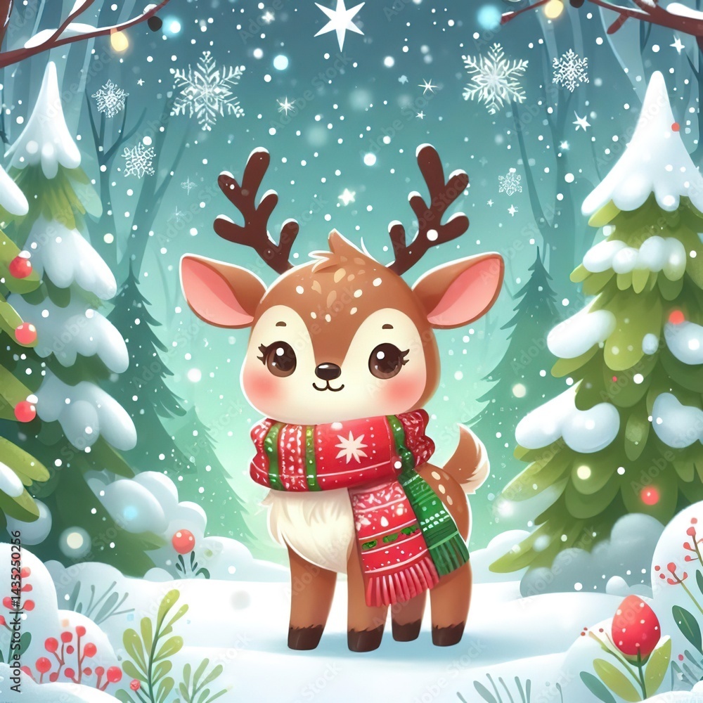 Naklejka premium Reindeer with christmas tree and scarf environment digital illustration winter