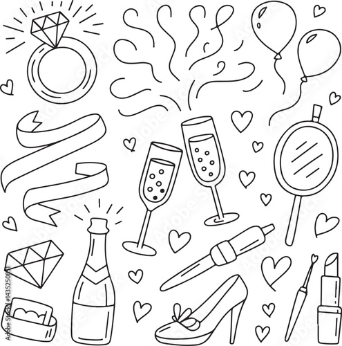 Hand drawn cute doodle, engagement ring, bridal elements, lipstick, heels, champagne pop, romantic wedding, celebration decorations