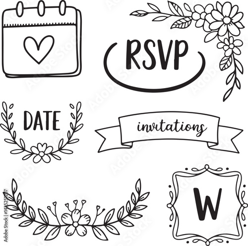 Wedding invitations doodles, calendar icons, heart RSVP cards, circled dates, floral corners, ribbon banners, monogram frames, wedding website icons
