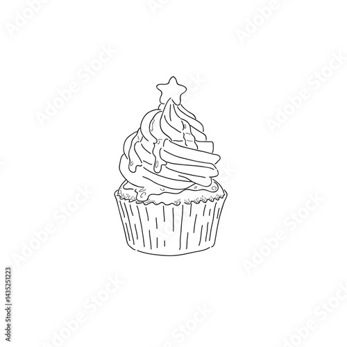 A delightful hand-drawn black-and-white illustration of a frosted cupcake topped with a star-shaped decoration. The creamy swirl is drizzled with icing, sitting atop a classic cupcake liner. Perfect f