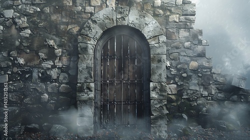 Mysterious arched wooden door set in an ancient stone wall with fog.
