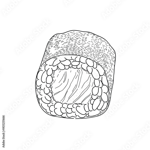 A black-and-white line art illustration of a single slice of maki sushi roll. The drawing features a seaweed-wrapped outer layer, a ring of rice, and a center filled with textured fish likely salmon