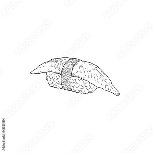 A hand-drawn black-and-white line illustration of unagi nigiri sushi. This traditional Japanese delicacy features a slice of grilled eel laid over a mound of sushi rice, with a strip of seaweed