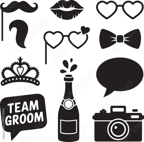 Photo booth fun cutouts doodle style mustache, bow tie, lips, heart glasses, crown, sign, camera
