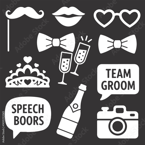 Wedding party photo props doodle mustache, lips, heart glasses, bow tie, crown, champagne, camera
