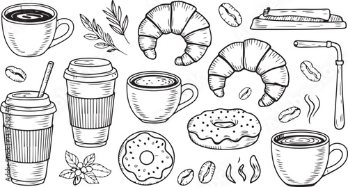 Hand drawn black and white clipart coffee cups, mugs, to go drinks, croissants, donuts, pastries, coffee beans, barista tools, morning coffee vector