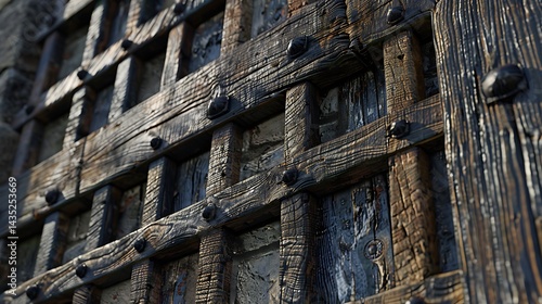 Rustic wooden grid with weathered beams and metal bolts.