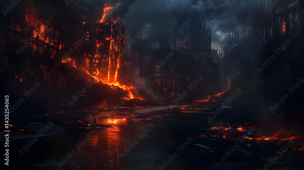 A fiery eruption sends rivers of lava into a deserted city, burning through buildings and leaving a trail of destruction behind. A fiery eruption sends rivers of lava into a deserted city, burning through buildings and leaving a trail of destruction behind.