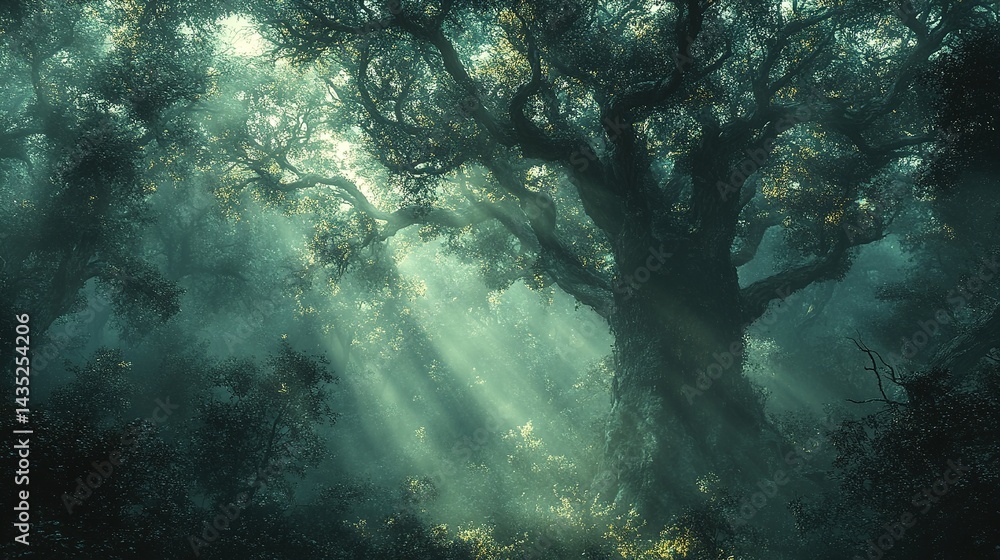 Obraz premium Sunbeams pierce mystical forest