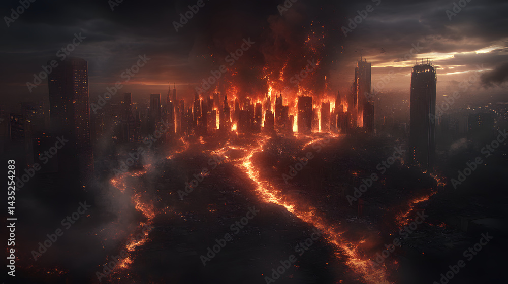 Obraz premium A fiery eruption sends rivers of lava into a deserted city, burning through buildings and leaving a trail of destruction behind.