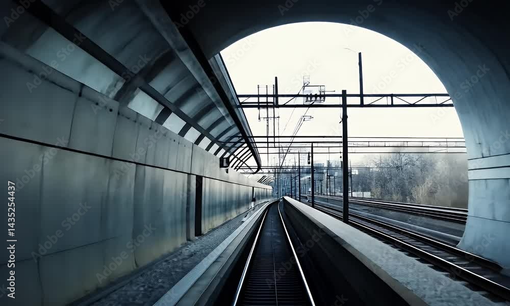 Train tracks emerge from a tunnel into daylight. A grey landscape is seen. Concrete walls line tracks Train tracks emerge from a tunnel into daylight. A grey landscape is seen. Concrete walls line tracks