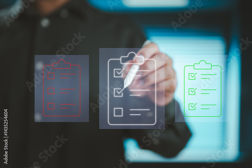 Digital checklist completion with color-coded progress indicators on a virtual interface.