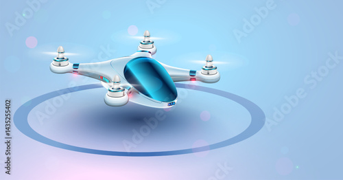 Future Drone air taxi, autonomous transport. Quadcopter of future with cabin on light background. An unmanned passenger drone lands on a helipad. Future flying passenger or delivery transport.