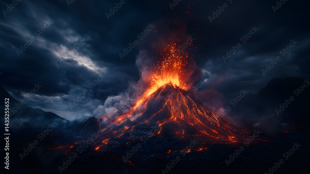 Fototapeta premium A fiery eruption with red lava fountains spewing into the sky and falling ash creating a dramatic scene in a volcanic landscape.