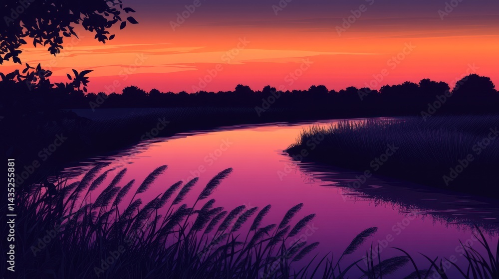 Naklejka premium Serene Sunset River Scene