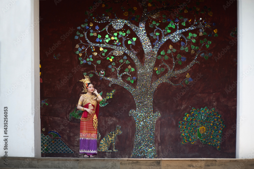 Beautiful young woman wearing Thai Songkran costume, a regional Thai costume dress in Chiang Mai, Thailand.