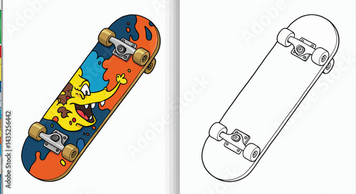Skateboard Coloring Book: A vibrant image of a skateboard next to its coloring page counterpart, inviting creativity and artistic exploration.