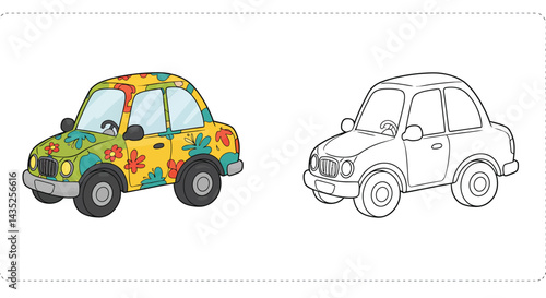 Vintage Floral Car: A colorful and fun vintage car with a floral design ready for coloring book or design projects, filled with nostalgia and the joy of childhood.
