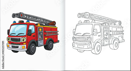 Fire Engine Coloring Book: A fire engine, rendered in both color and outline, invites creativity and imagination, perfect for children and educational pursuits. 