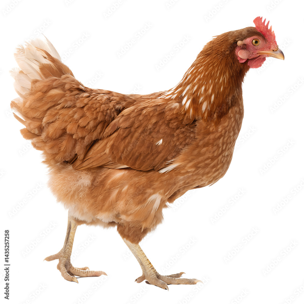 Fototapeta premium A brown farm bird, likely a hen or chick, isolated on white in a studio setting