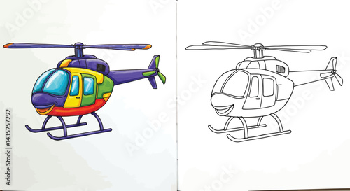 Helicopter's Dual View: A colorful helicopter design, juxtaposed with its line drawing, creating a striking contrast. Featuring a smiling cartoon helicopter in vibrant hues.