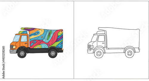 Artistic Truck: A visually striking illustration of a delivery truck showcases a playful aesthetic with one side fully colored and the other as line art, presenting a delightful artistic contrast.