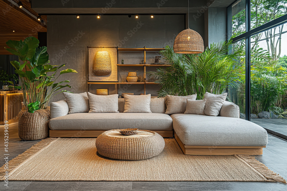 Obraz premium of eco-friendly interior design featuring natural materials and lush green plants.