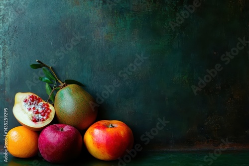 high quality visual of assortment of fresh exotic fruits with copy space
