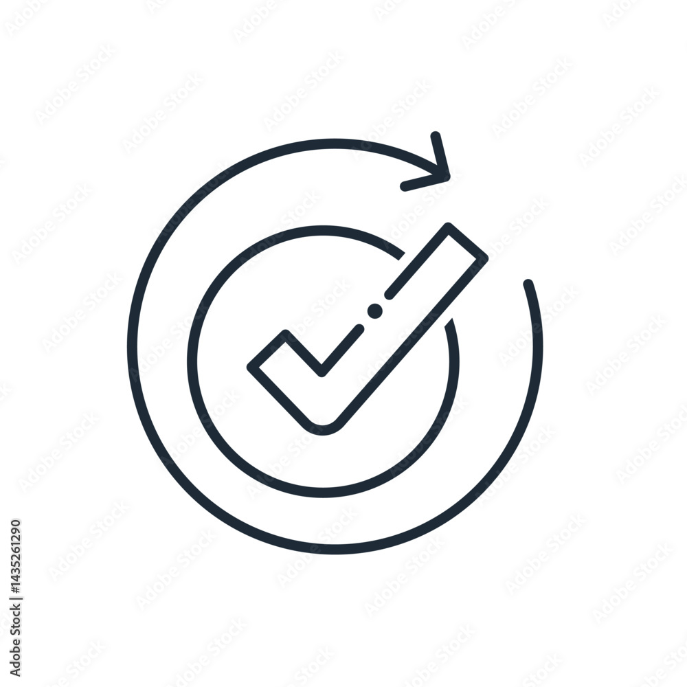 Check mark and movement arrow. Done. Outcome.Get results. Vector linear icon isolated on white background. Check mark and movement arrow. Done. Outcome.Get results. Vector linear icon isolated on white background.