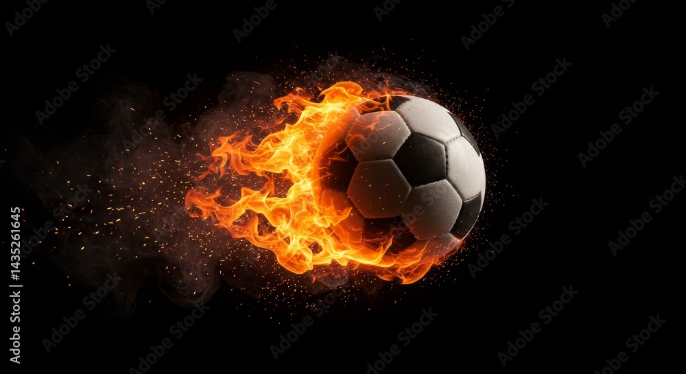 Fototapeta premium Fiery Soccer Ball in Motion - A soccer ball engulfed in flames streaks across a black background, creating a dynamic and energetic