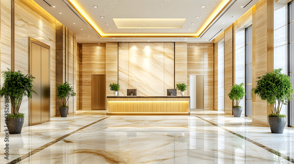 Fototapeta premium Luxurious hotel lobby interior design; elegant reception desk, marble flooring, modern architecture, gold accents, potted plants.