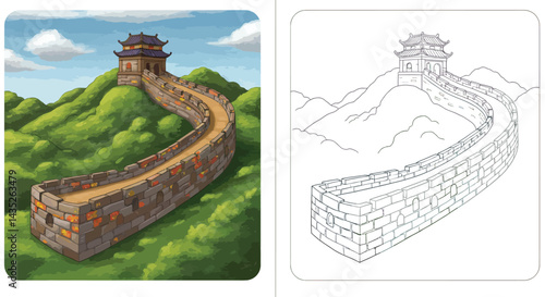 Great Wall in Color and Outline: Iconic architectural marvel winding across a vibrant landscape, offering a glimpse into both its majestic colored form and its intricate structural outline. 