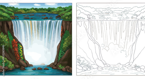 Majestic Waterfall Landscape Illustration: A captivating digital illustration showcases a stunning waterfall cascading into a serene pool, surrounded by lush greenery.